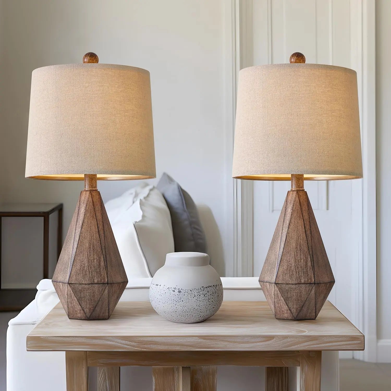 20.25" Retro Farmhouse Table Lamp Set of 2 - Rustic Linen Bedside Nightstand Lamps for Living Room, Bedroom, Office